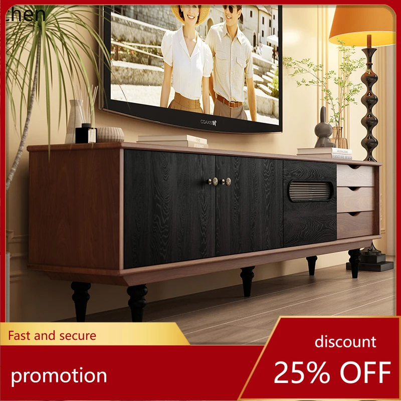 

HT high-end light luxury floor-to-ceiling TV cabinet medium and antique all-log coffee table combination