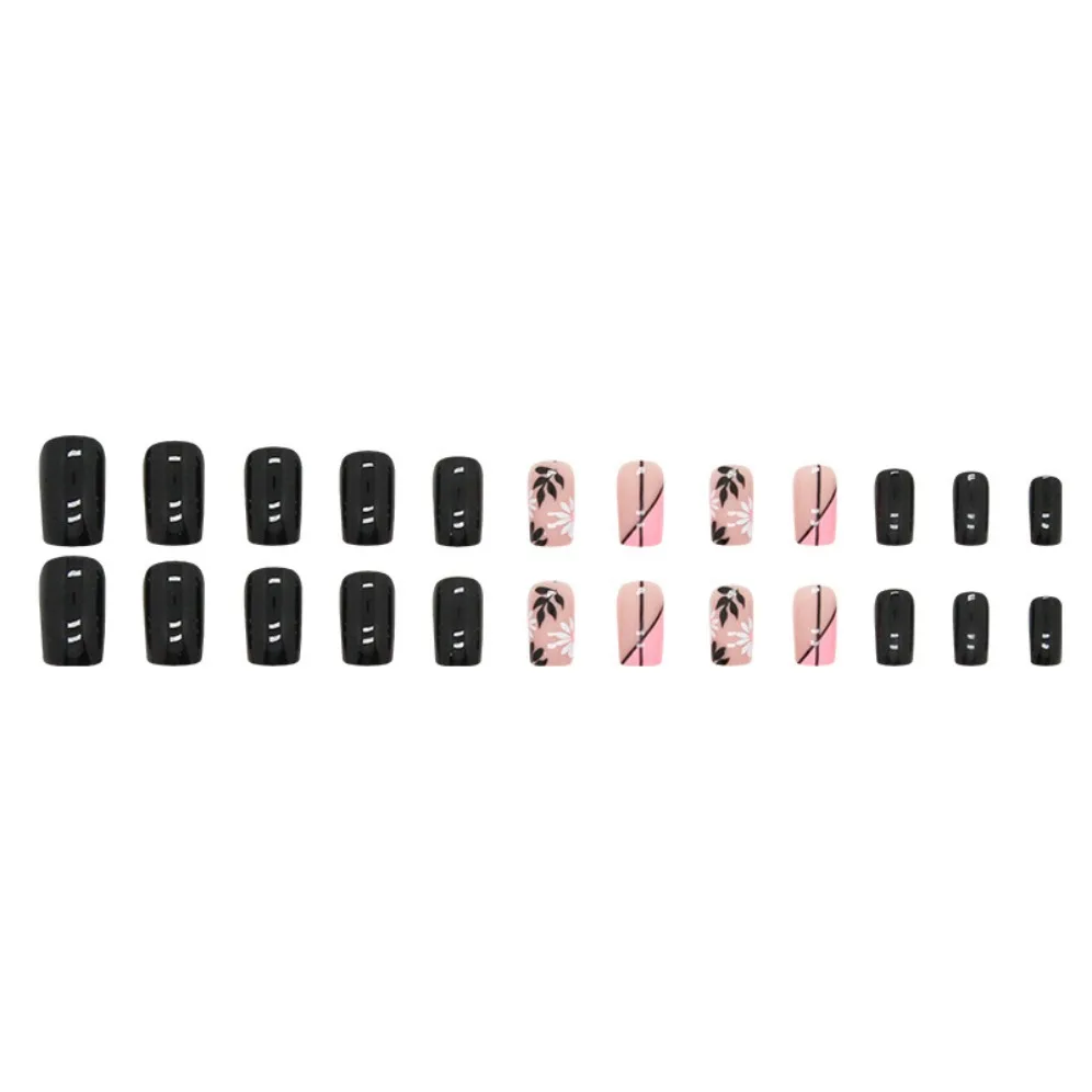 24P Artificial Acrylic Ballet Square Glossy Nail Art Fake Nails Black Pink French Flower False Nail Removable Press On Nails Tip