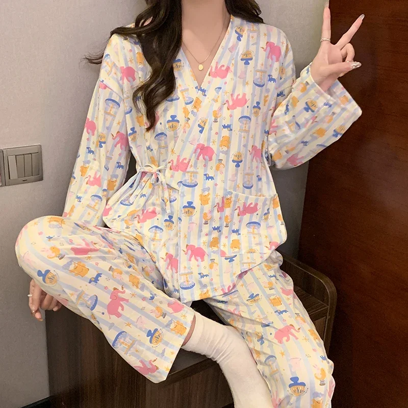 

Осень 2200, кимоно с длинными рукавами и v-образным вырезом, пижамный комплект для женщин, милый костюм для сна с героями мультфильмов, пижама, домашняя одежда, Pijama Mujer, домашняя одежда