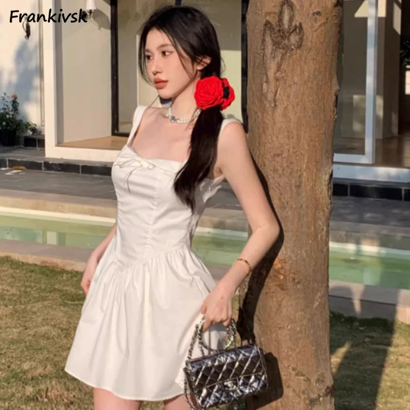 Women A-line Dress Summer Solid Graceful Bow Sweet Girls Holiday Aesthetic Slouchy New-arrival Temperament Korean Style Chic