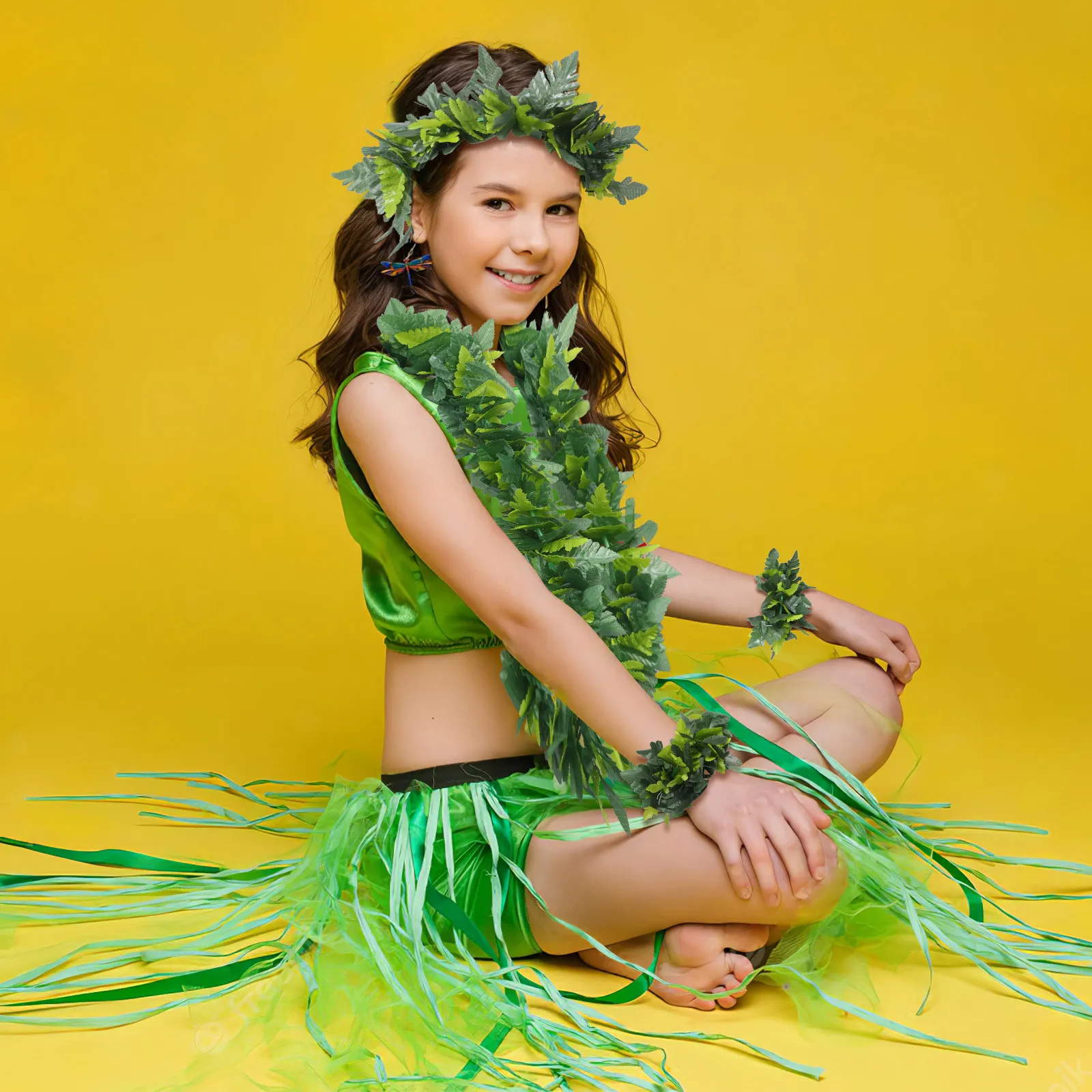 

1 Set Hawaiian Leaf Hula Skirt Leis Set Hula Hawaiian Costume Set beach Party Garland Artificial Leaves dress Beach Party Supply