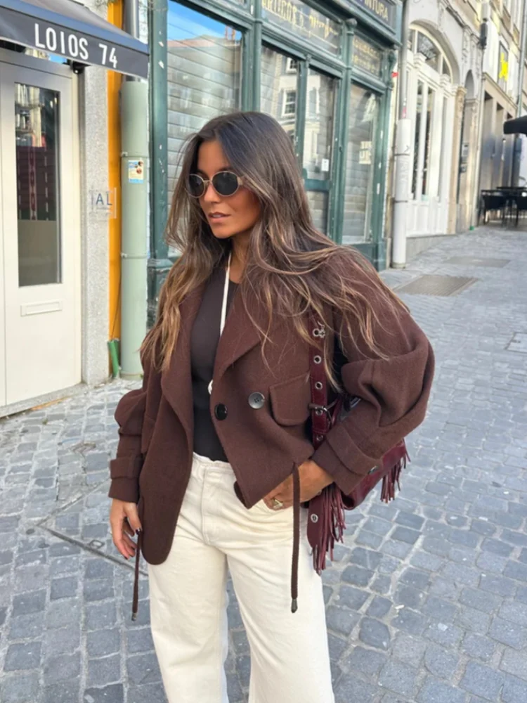 

Women's Chic Solid Drawstring Double-breasted Jacket Retro Turndown Collar Long Sleeve Pockets Coat Ladies New Fall Outwear 2024