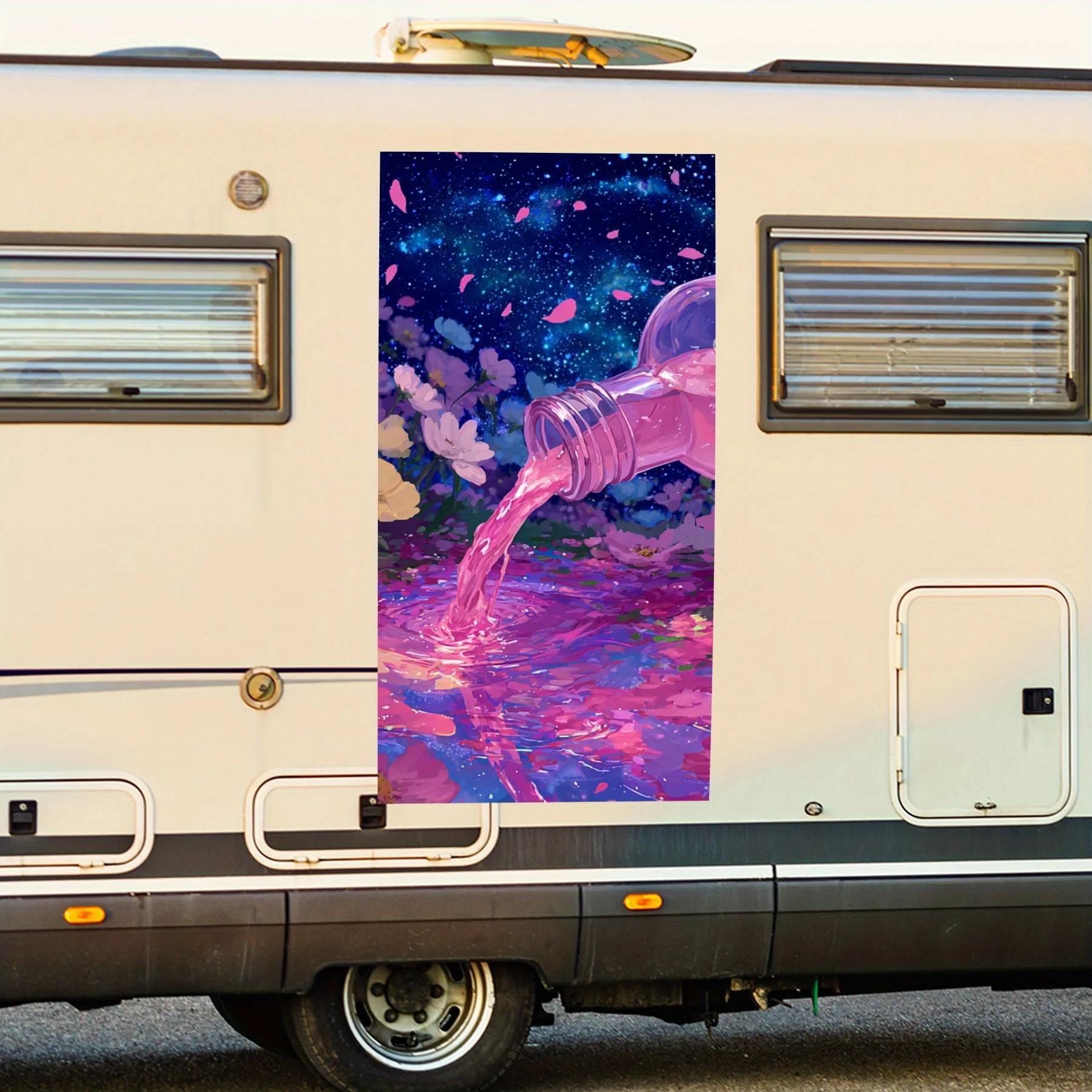 

Pink Liquid Pouring from Bottle with Flowers and Stars Car Sticker,Waterproof Vinyl Decal for RV Side, Self - Adhesive Stickers