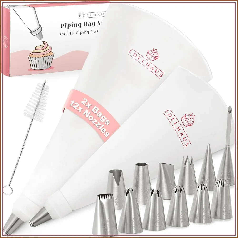 

Piping Bags and Tips Set – Reusable Pastry Bags with 12 Tips, Cake Decorating Kit, Icing Set with Flower Tips & Couplers