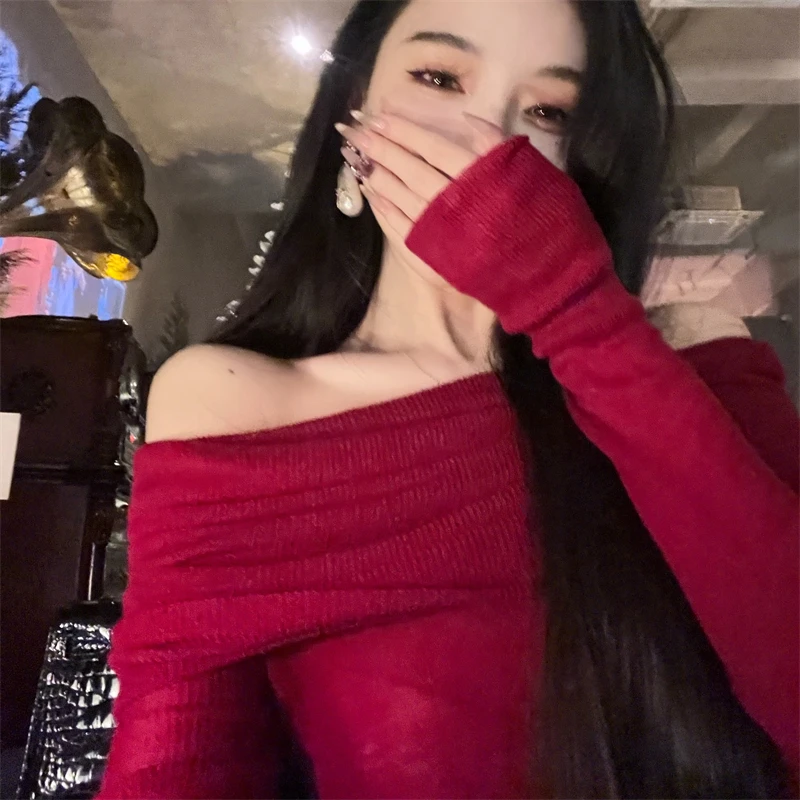 Rood Gebreide Truien Vrouwen Gesneden Hals Vintage Rugloze Sexy Y 2K Meisjes Mode Ulzzang Innerlijke Club Wear Tedere Streetwear Classic