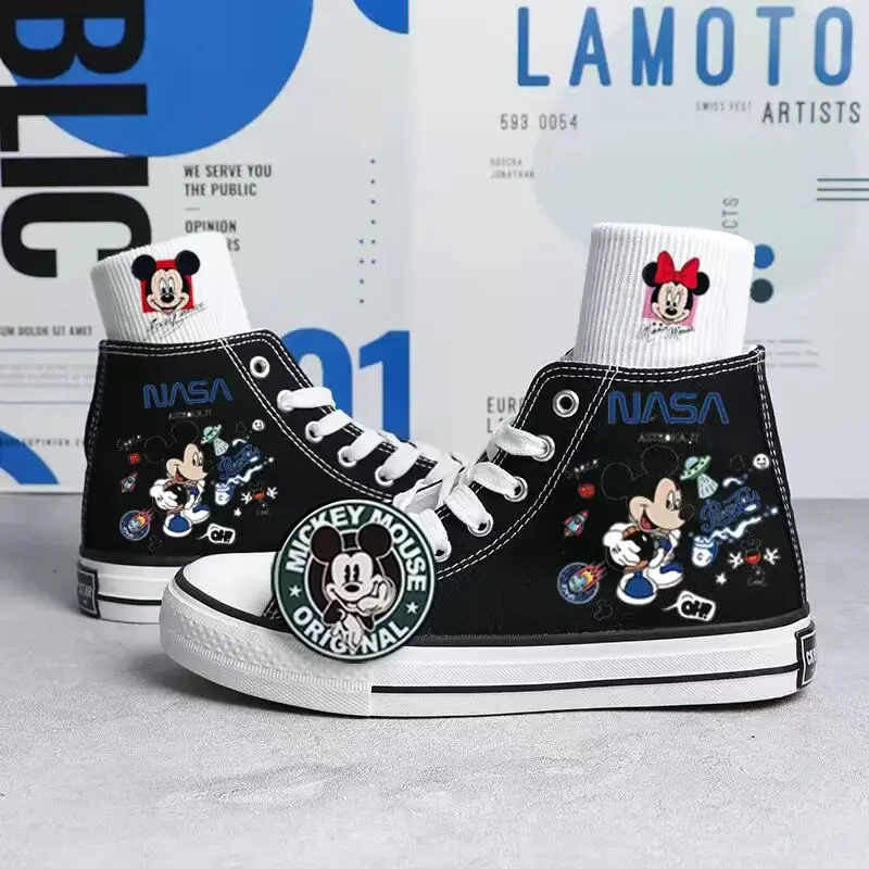 2024 Spring/Summer New Disney Mickey Printed Canvas Shoes for Boys Girls Hand Painted Sneakers Korean High Top Shoes for Women