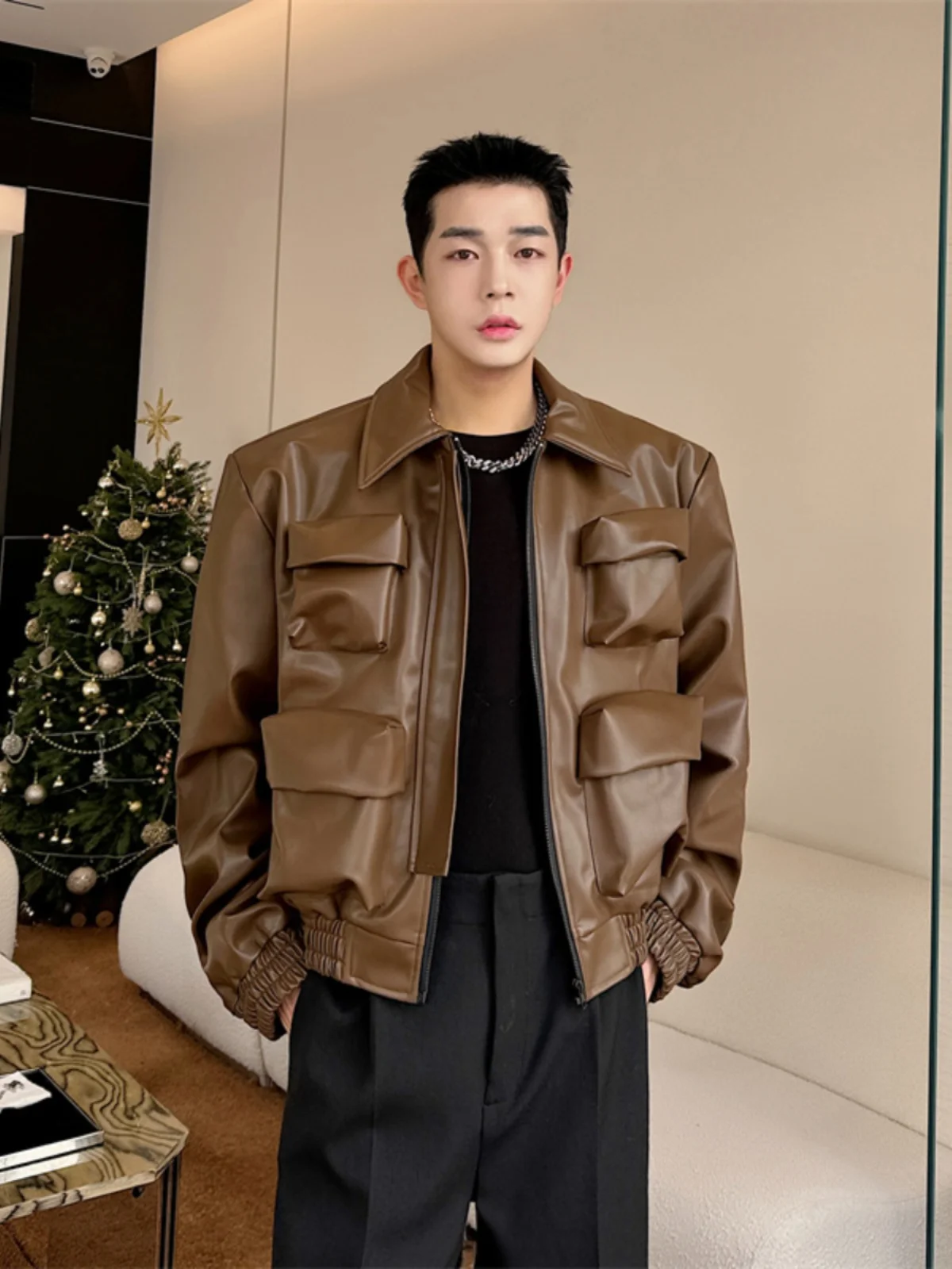 

Мужская кожаная куртка осенне-зимняя, свободного кроя, в молодежном стиле, стандартной длины, с откидным воротником