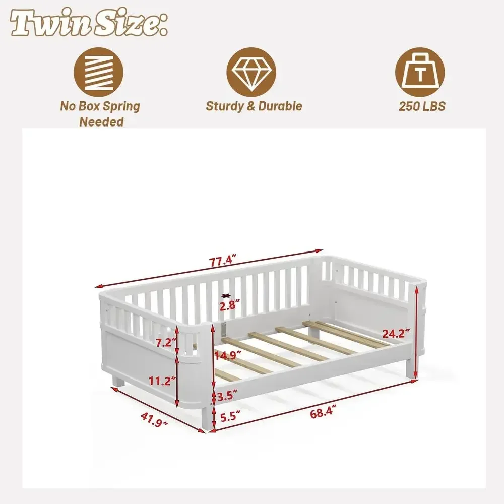 White Twin Size Bed with Rails, Suitable for Boys and Girls, No Spring Box, Quiet and Sturdy Wood Daybed