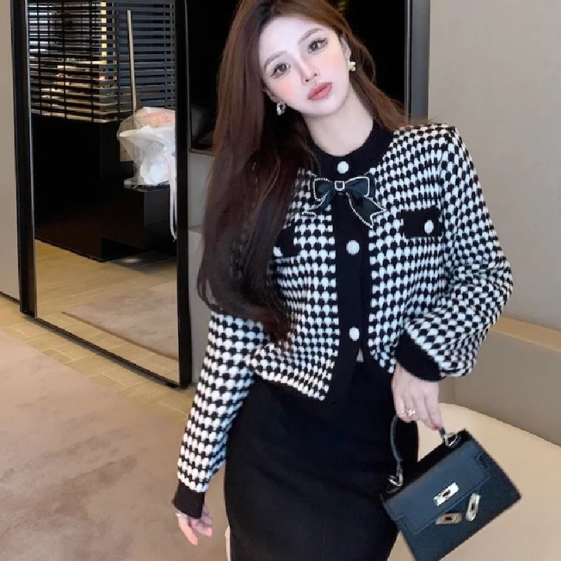 

Ele Knitted Sweater Cardigan Women's Long Sve round Ne iny Diamond Knot Design Autumn Winter Faion Top