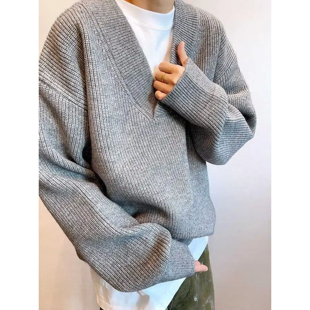 سترة رجالية أمريكية عتيقة الطراز بياقة على شكل V، كارديجان محبوك بلون سادة، ناعم من البوليستر، بأكمام طويلة للشتاء