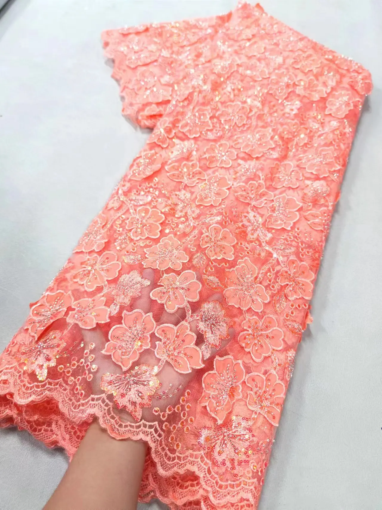 African Pink Mesh Lace Fabric,For Sewing,Clothes,Sequin,Tulle,Wedding Dresses,Embroidery,Fabrics By The Meter,Crafts,5 Yards