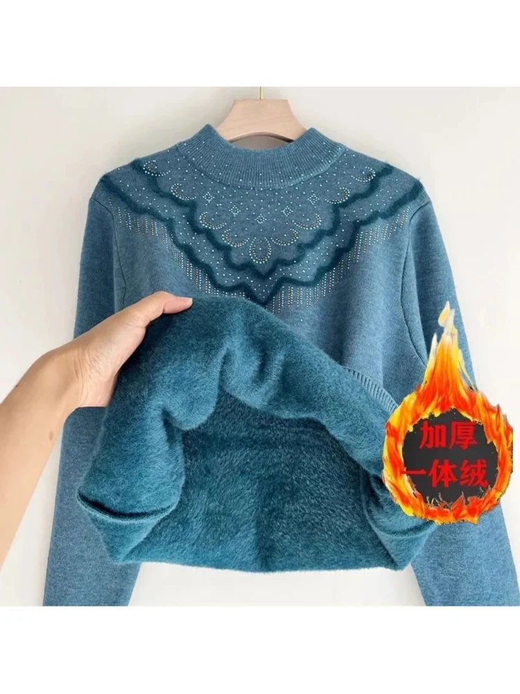 

Утепленный флисовый зимний свитер для женщин среднего и старшего возраста, повседневный, свободного кроя, с длинными рукавами, вязаный, теплый