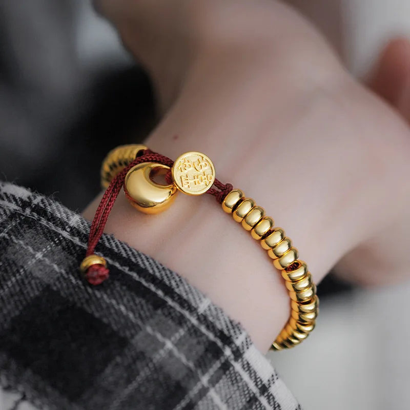 Men and Women 9999 24K Real Gold New Chinese Smooth Gold Lump Peace Joy Money Wrapped Red Rope Bracelet Simple China-Chic