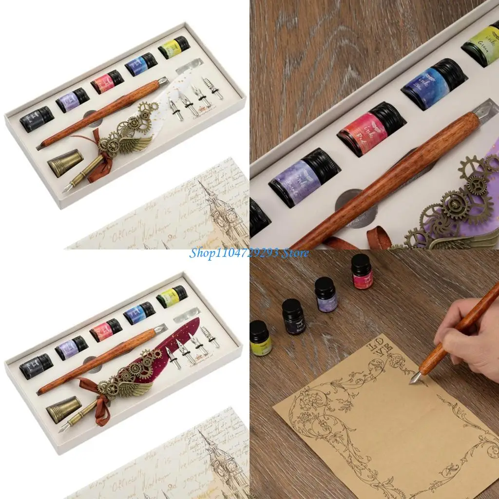 

Y2GD Vintage Wooden Dip Pen Set Fit for Gothic Art Signatures Gift for Kids Adult Pen Nibs Bottles Included