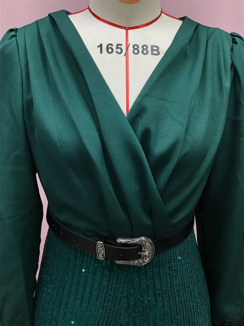 jumpsuit Women Spring Autumn, High-end V-neck Long Sleeved Shirt, Elegant Temperament, Cinched Waist, Sequins, French Wide Legs