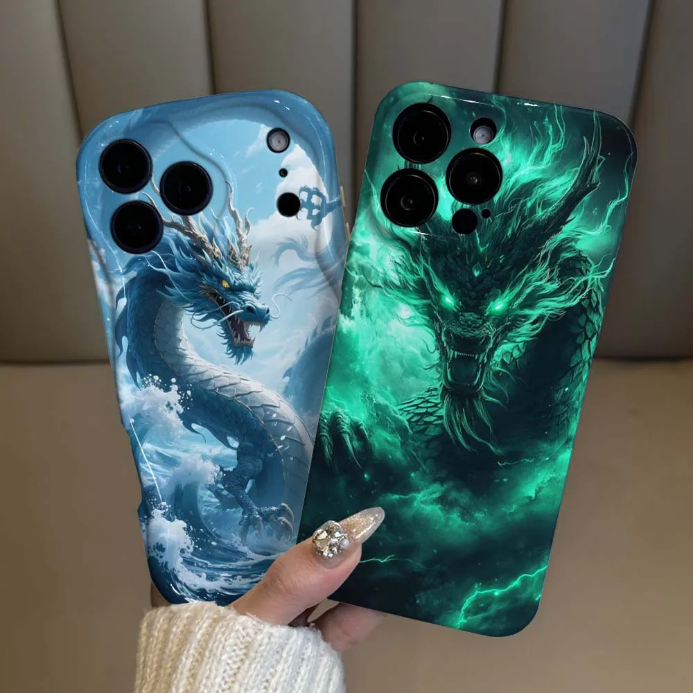 Capa de Celular Feilin com Dragão Mítico e Chamas de Trovão para Apple iPhone 17 16 15 14 13 12 11 XR Plus Pro Max, Capa de Celular com Efeito de Onda de Óleo