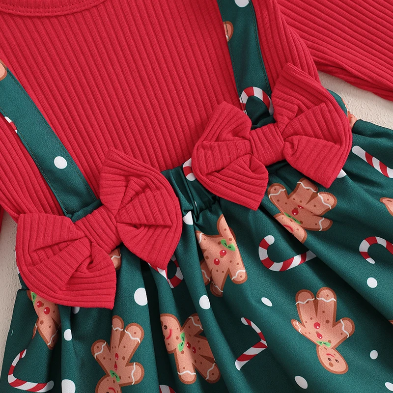 Toddler Baby Girls Christmas Skirt Set Plaid Gingerbread Man Bow Long Sleeve Ribbed Ruffled Overall Dress Headband 2Pcs Outfit