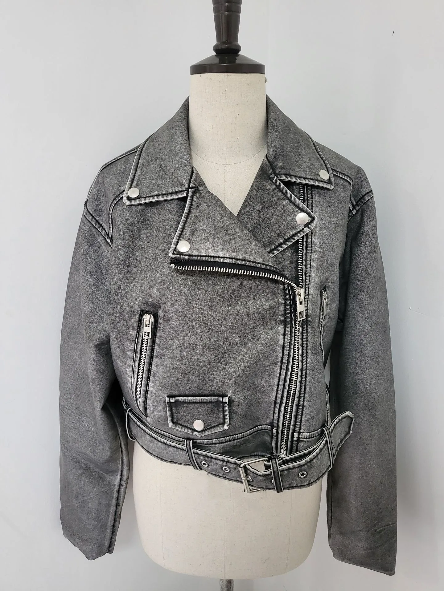 Vintage Women Loose Pu Faux Leather Short Jacket with Belt Streetwear Female Moto Biker Zipper Lapel Coat Outwear