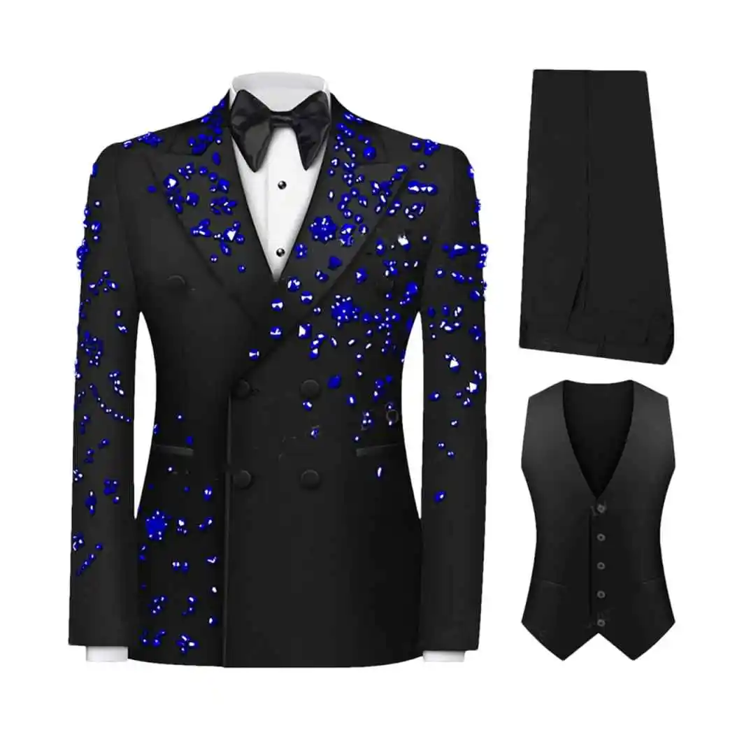 بدلات رجالية فاخرة بكريستال مزدوجة الصدر سترة ذات طية صدر السترة 3 قطع بدلات رسمية مخصصة لحفلات الزفاف والعريس