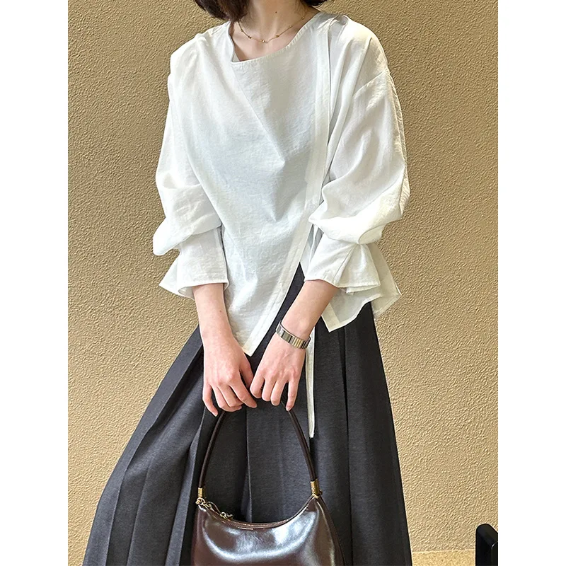 Camicia a maniche lunghe da donna primavera autunno, girocollo in vita in stile coreano, top da donna dimagrante con coulisse, abiti casual