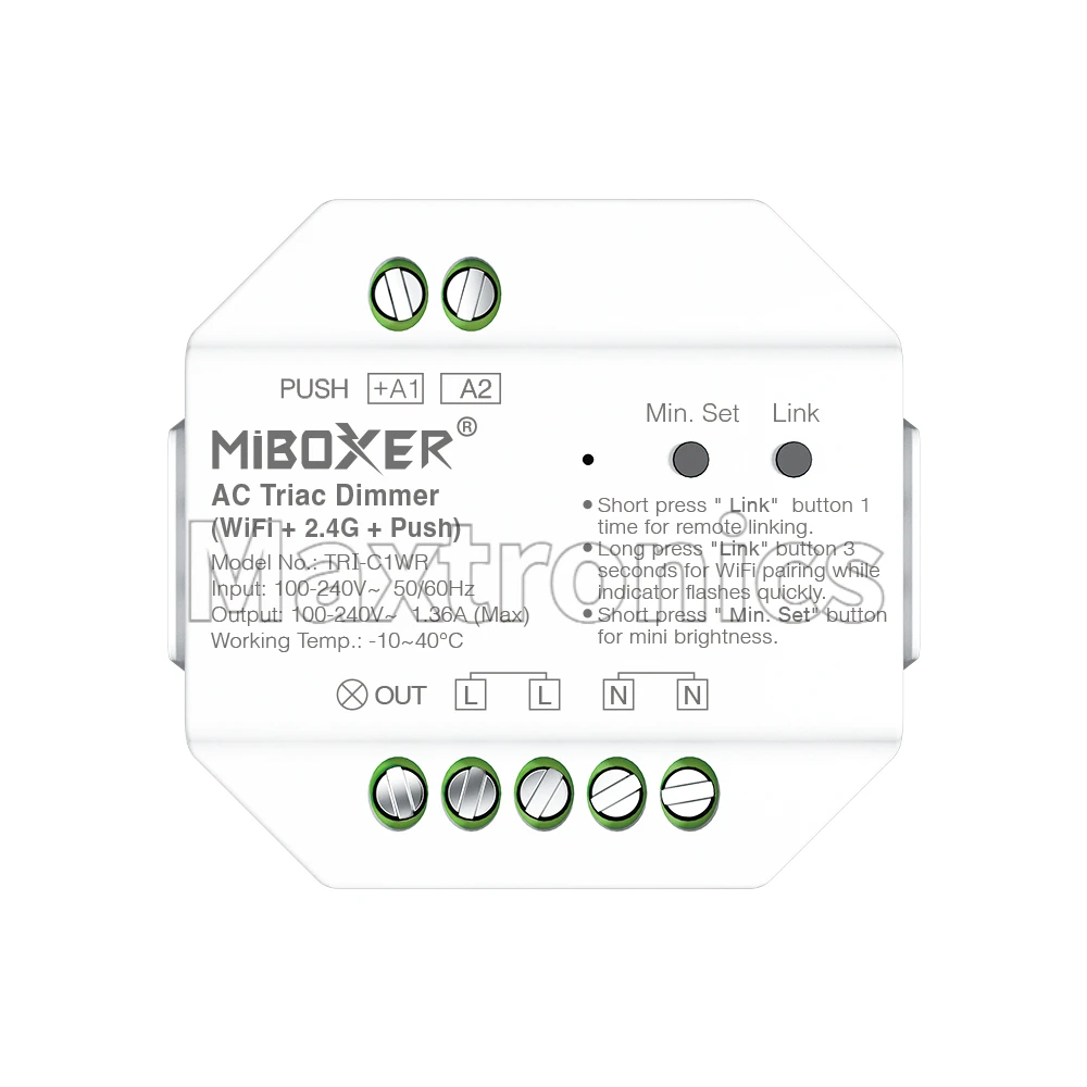 MiBoxer AC Triac Dimmer 500W TRI-C1WR/TRI-PW (WiFi+2.4G+Push) TRI-PR (2.4GHz) AC100-240V 30m Brightness Adjustable Home Alexa