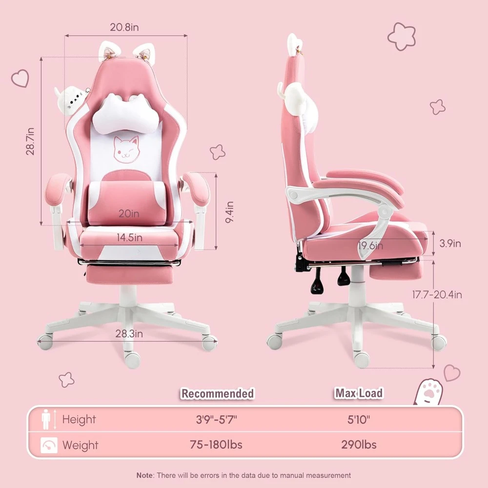 Play chair with cat ears and massage waist support, ergonomic computer chair with footstool and headrest provided, pink