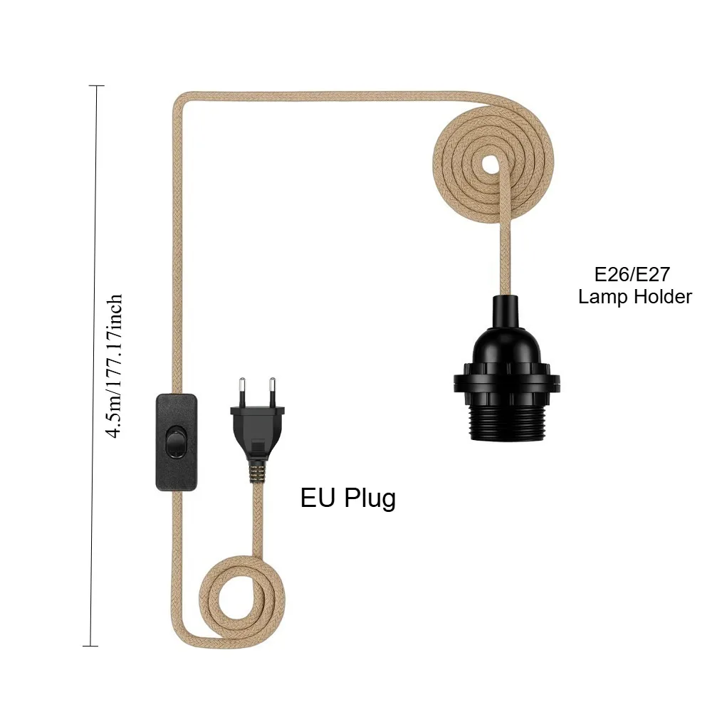 JOYINLED Hemp Rope Lamp Holder with 4.5M EU/US Plug in Cord Retro Pendant Light Cord with ON/OFF Switch E26 E27 Base For DIY