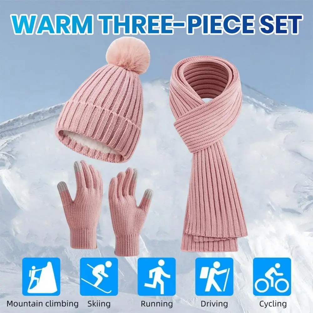 Stijl Dames Winteraccessoires Set Wintermuts Sjaal Handschoenen Set Gebreide Dikke Warme Unisex Outdoor Fietsen Muts Set met Touch