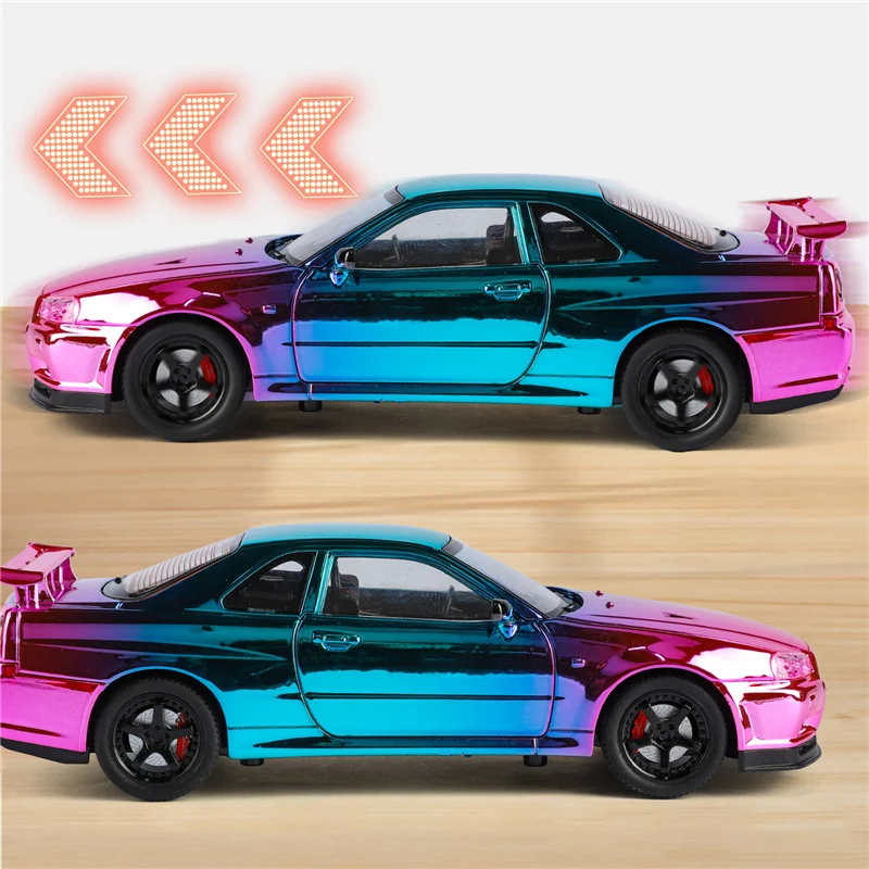 1:24 Skyline GT-R GTR R34 Metalowy Model Samochodu Sportowego z Odlewu, Elektroplaterowany, Model Wyścigowy z Dźwiękiem i Światłem, Zabawka dla Dzieci, Prezent