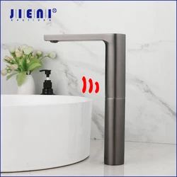 JIENI Bathroom Basin Automatic Sensor Faucet Deck Mounted Stream Brushed Gun Grey Touch Free With Hot And Cold Water Mixer Taps
