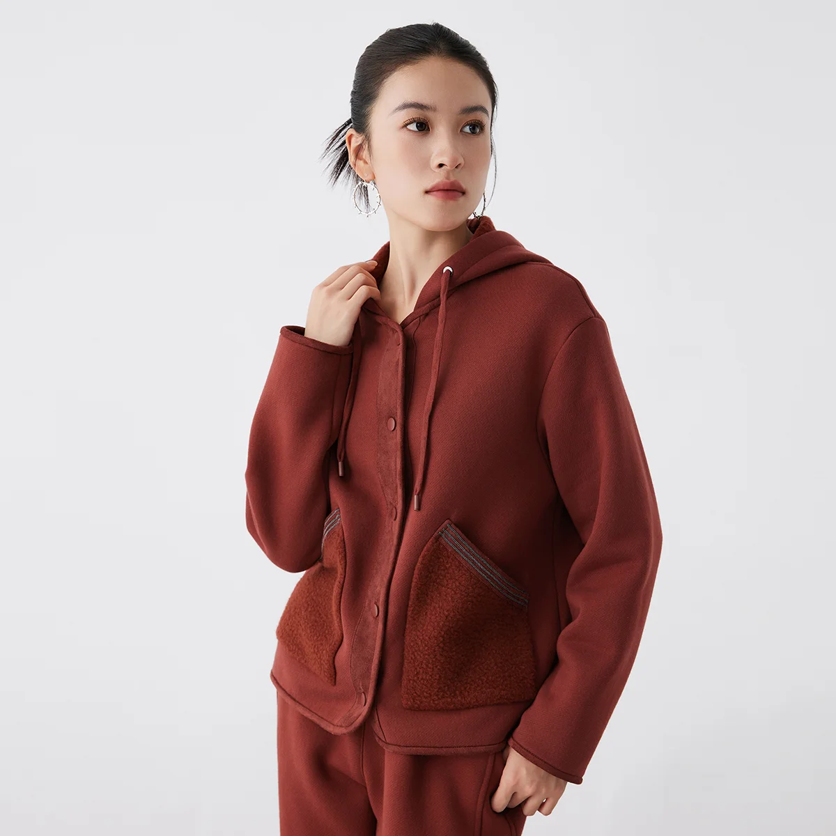 K2707W High Quality Luxury Women's Clothing 66% Long Staple Cotton 25% Australian Wool Hooded Sweatshirt Jacket hoodie