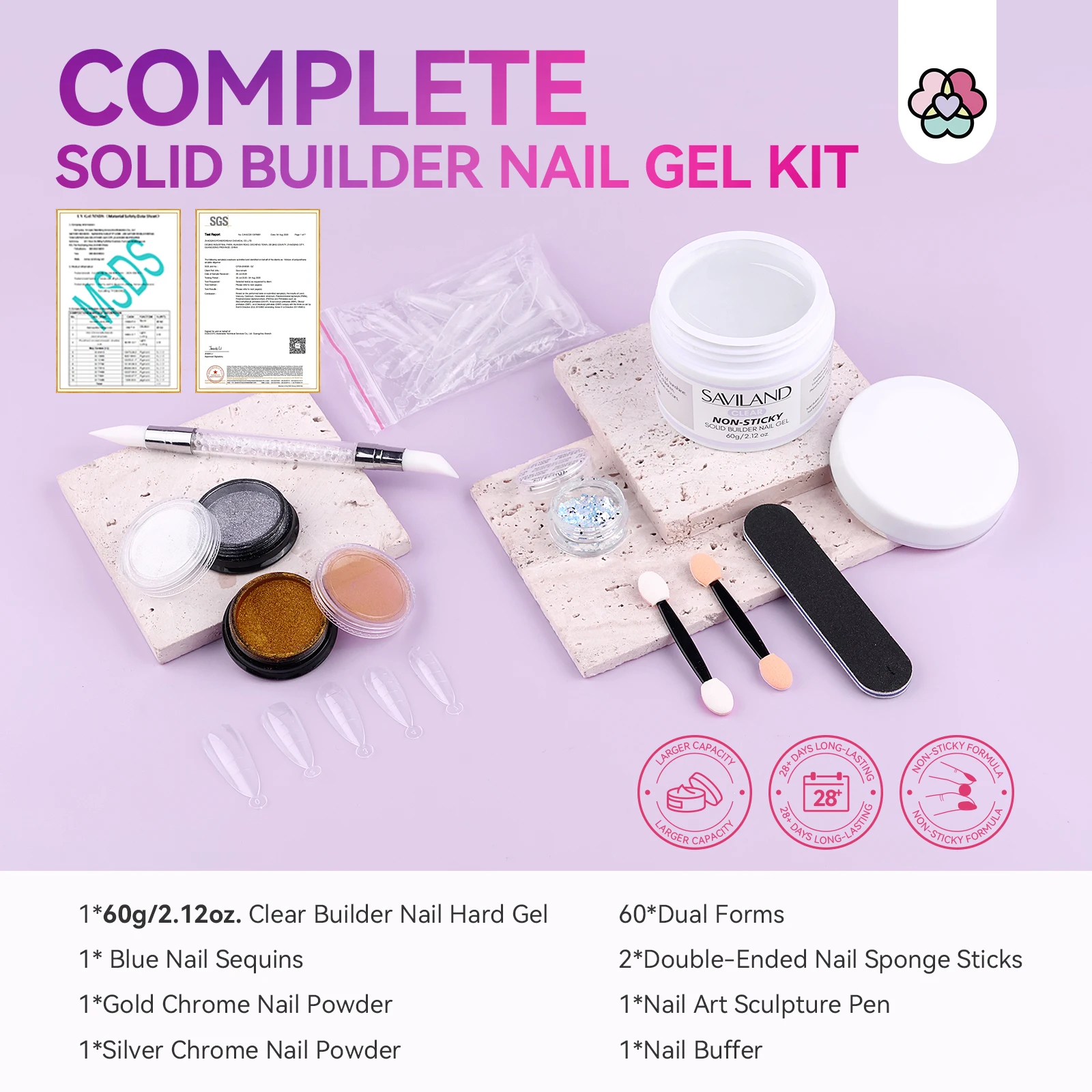 Saviland 60g Solid Builder Nail Gel Non-Sticky Hand Hard Gel Carving Extension Gel with Sequins Chrome Nail Powder DIY Salon