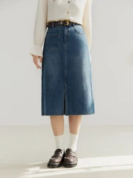 DUSHU High Waist Women Denim Blue Knee-Length Skirts Hem Retro Raw Edge Design Slit Skirt Spring Female Denim Skirt 24DS81126