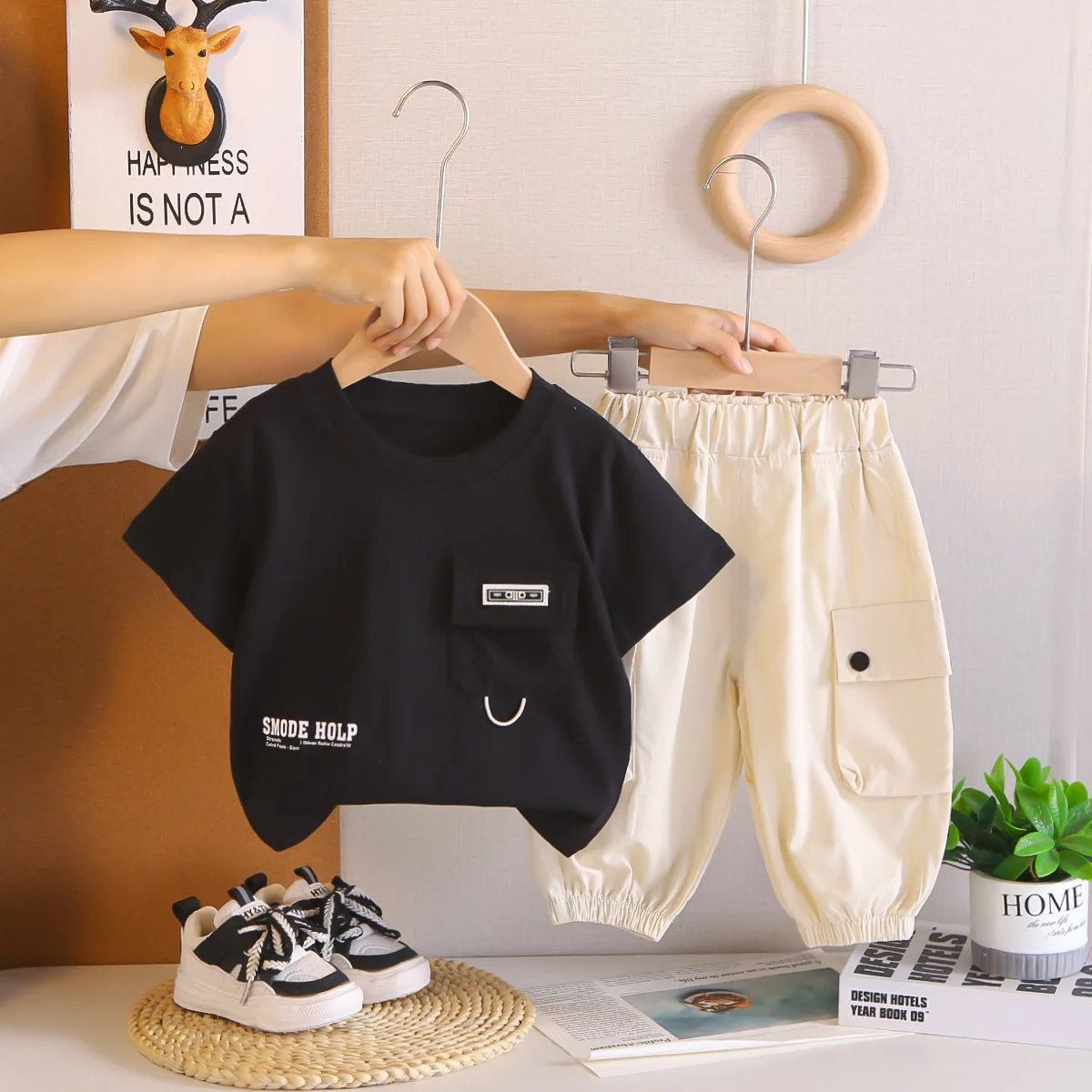 الكورية الأولاد قصيرة الأكمام مجموعة 2026 جديد عادية بيبي بوي الصيف جيب تي شيرت وبنطلون وتتسابق ملابس الأطفال الأولاد دعوى #3
