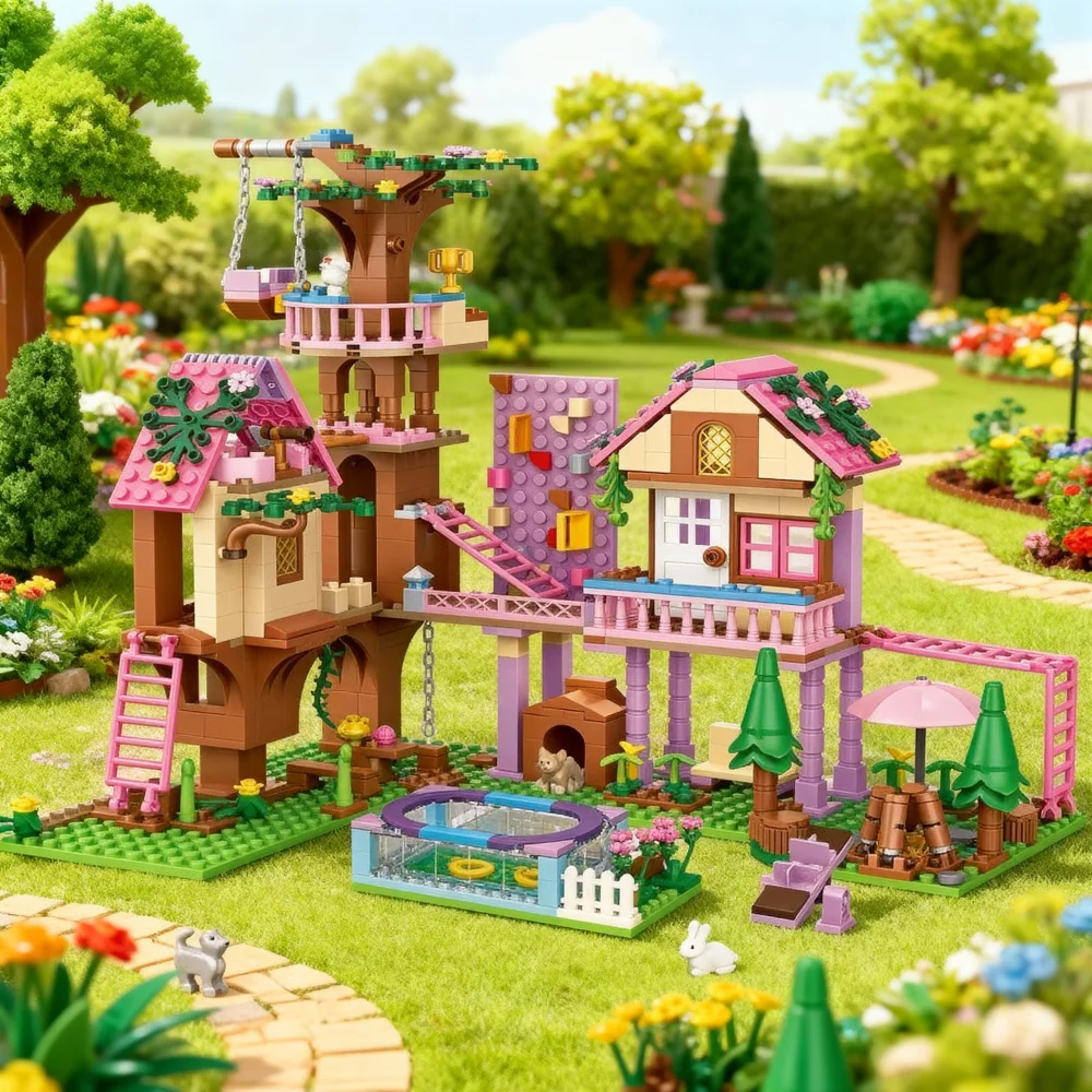 บล็อกตัวต่อบ้านพักตากอากาศริมชายหาดพร้อมสไลเดอร์น้ำ - บ้านในฝันแบบแปลงสภาพได้ ของเล่น DIY สำหรับเด็กผู้หญิง ของขวัญวันเกิดสุดสร้างสรรค์