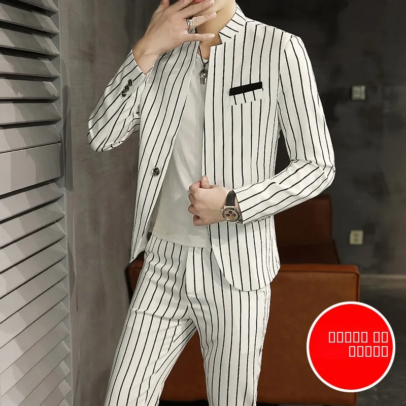 

Casual Two-Piece Men's Suit Korean Style Slim Fit Elegant Collar Zhongshan Coat Stylish Outerwear Polyester Viscose Blend