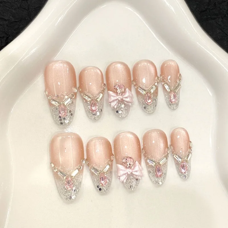 

10 Pieces Luxury and Elegant French Handmade Press On Nails Bow Cat Eye Pink Glitter Diamonds Fake Nails Removable Reusable
