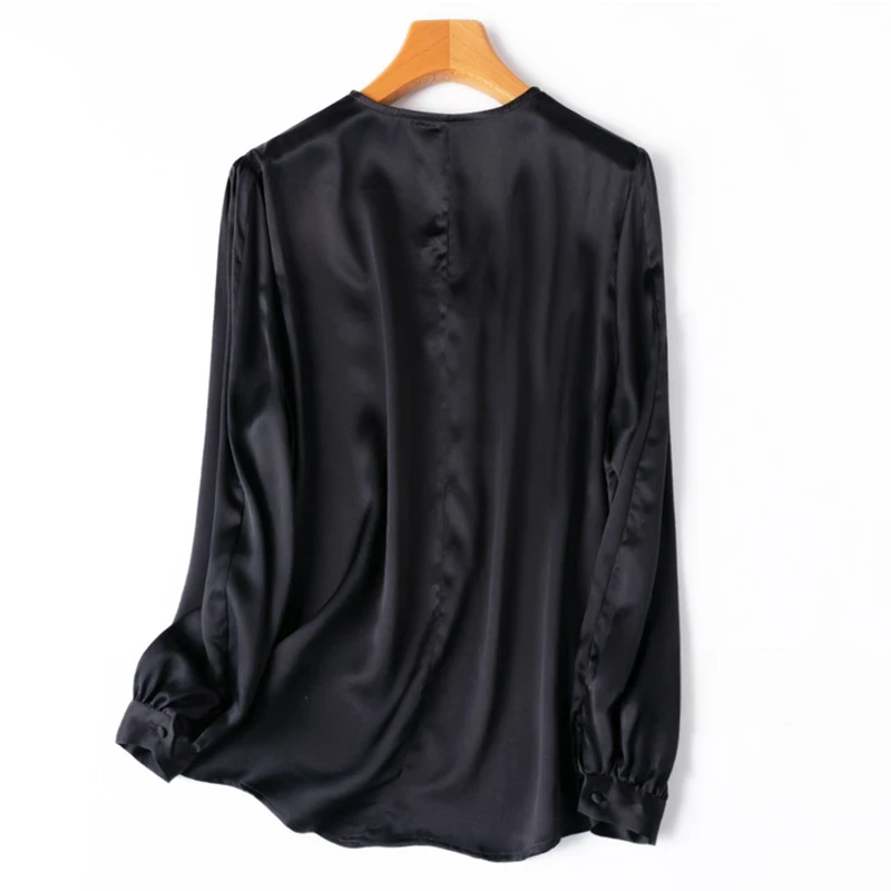 Women Silk Blouse 100% Mulberry Silk 21 Momme Black V Neck Long Sleeve Pullover Top Shirt Office Lady L XL M1211