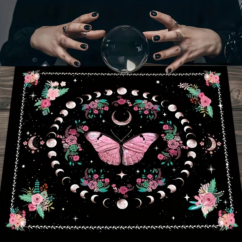 VIKAMA Moon Phase Pendulum Bell Altar Tablecloth Pink Butterfly Floral Design Tarot Card Reading Cloth Home Decor Party Events