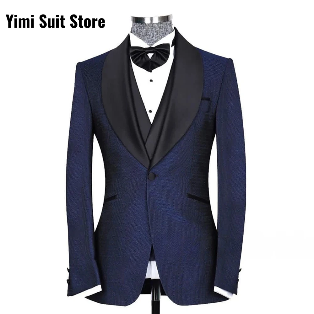 

YiMinpwp Men's Navy Blue 3 Pieces Shawl Lapel Single Breasted Blazer High - End Wedding Groom Business Suits for Men XS-5XL