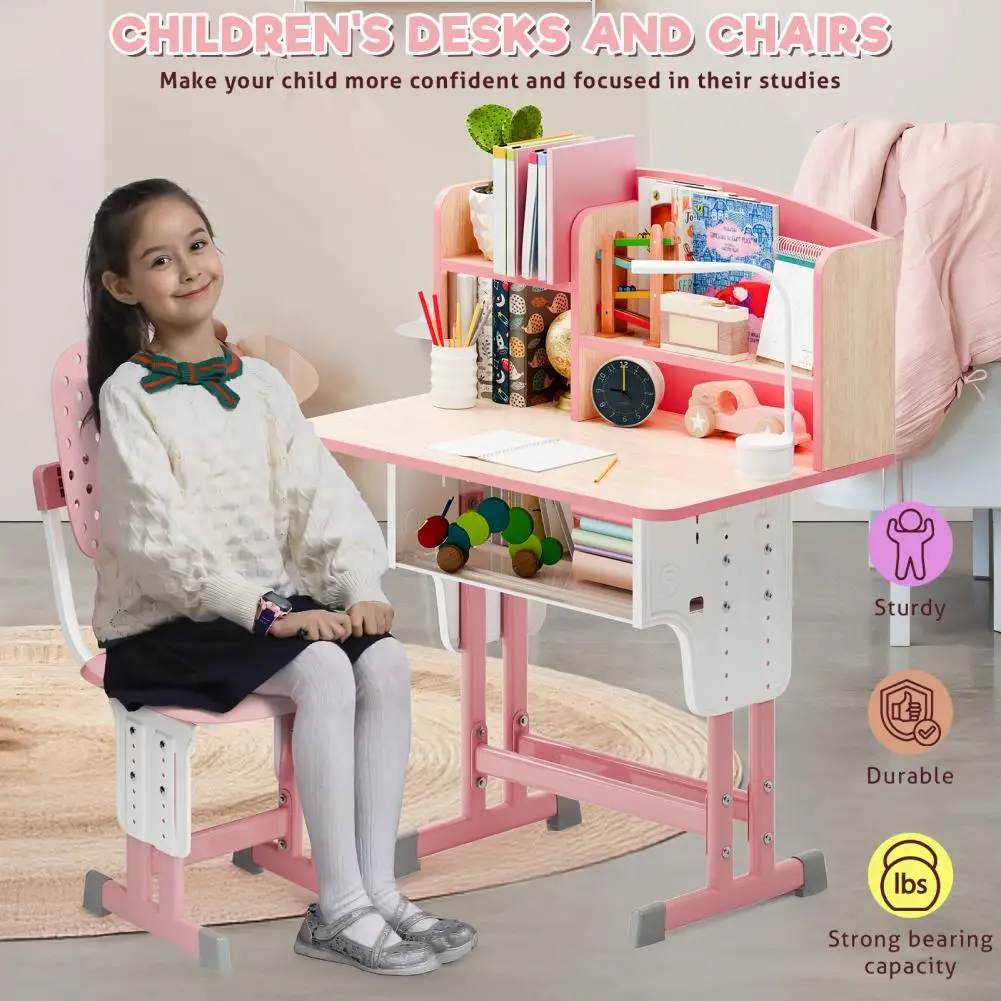 2Pcs/Set Kids Desk Chair Set, Adjustable Height School Leaning Table Chair Set with Drawer Design, Children Desk Chair Set with