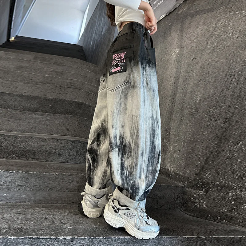 Child Retro Gradient Grey Black Baggy Jeans For Girls Fashion Street Denim Pants Kids Loose Style Fashion Jeans Trousers 5-14T
