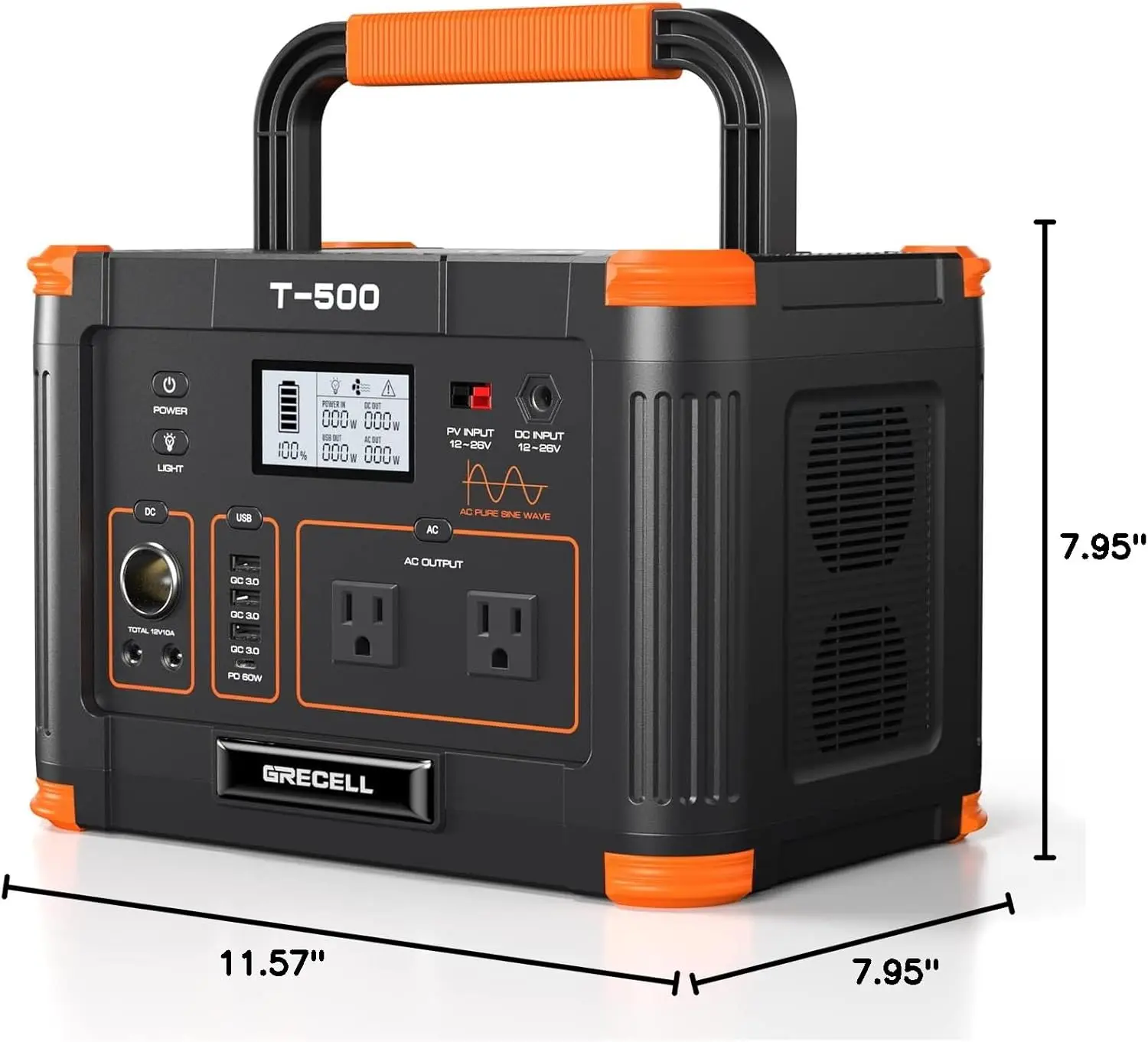 

500W Portable Power Station, GRECELL Solar Generator 519Wh (Peak 1000W) Lithium Battery Power Generator with 2*110V AC Outlets