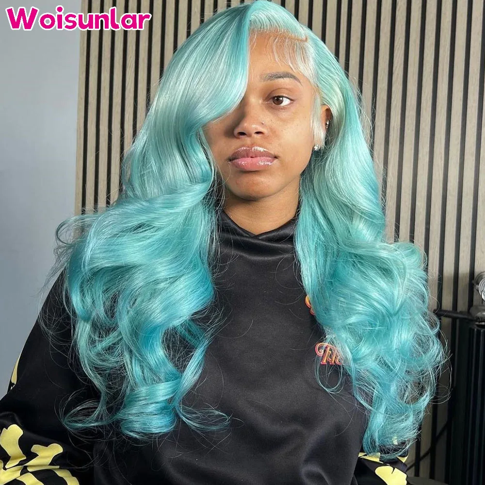 Ombre Light Green and Ombre Blue Wig Human Hair For Women 613 Body Wave Brazilian 13x4 Transparent lace Frontal Wig For Women