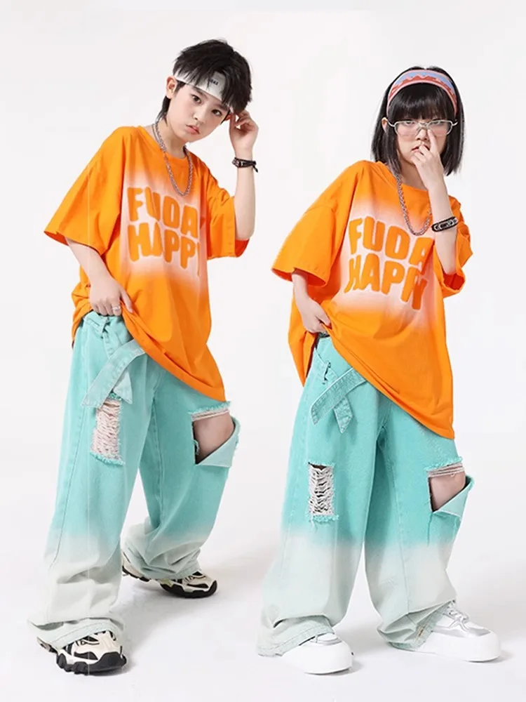 Kid Hip Hop Clothing Orange Graphic Tee T Shirt Top Blue Green Denim Strap Ripped Jeans Pants for Girl Boy Dance Costume Clothes