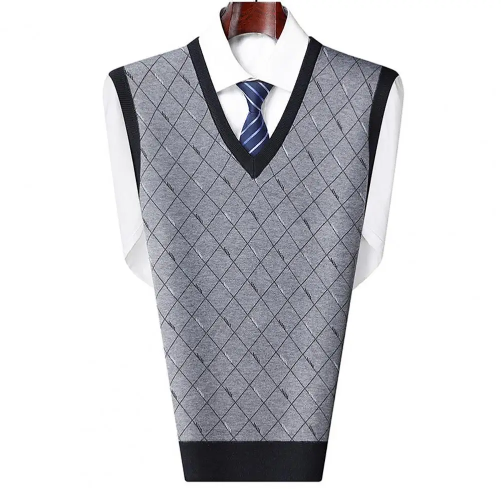 

Men Sleeveless Vest Cozy V-neck Rhombus Print Sweater Warm Soft Stylish for Fall Spring Fashion Men Daily Top