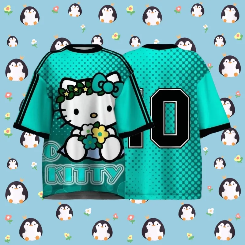 

MOTO-Летняя детская футбольная футболка с 3D принтом Hello Kitty, модная спортивная одежда с мультяшным рисунком, повседневный уличный топ с короткими рукавами