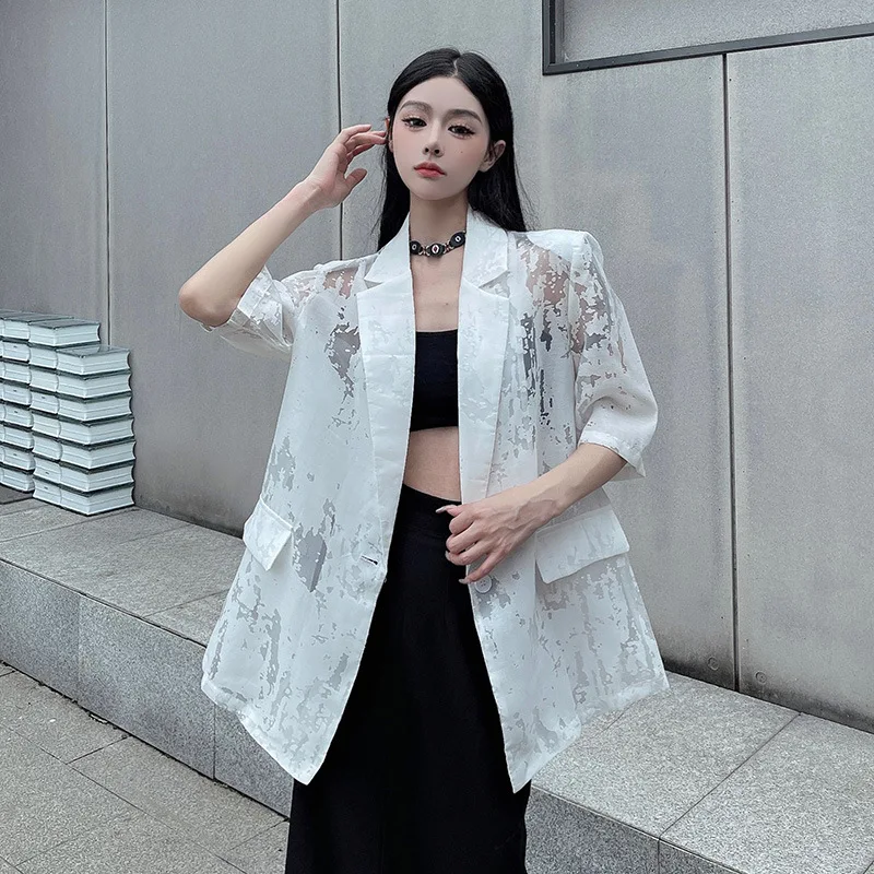 HKSH Women Blazer Elegant Textured Patterned Jacquard Sheer Design Thin Short Sleeve Sun-proof High Street Ins Suit-Coat HK25479