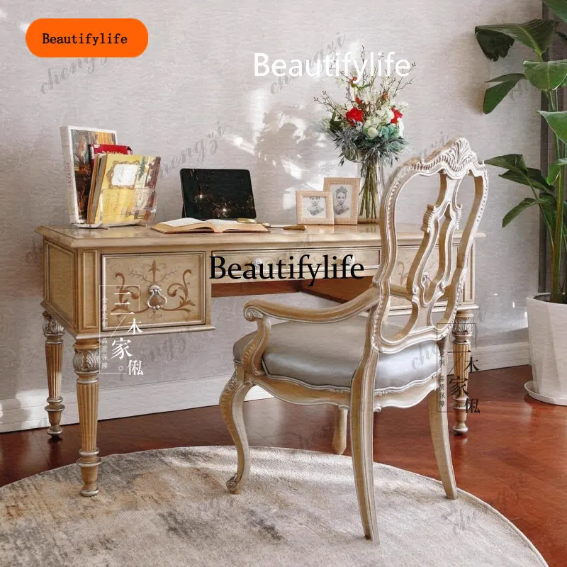 CQY  French country solid wood desk American retro study writing table modern furniture