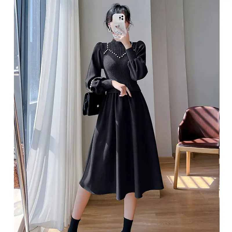 

Autumn Vintage Knitted Dresses Women French Elegant Chic Pearl Beading Half High Collor Long Sleeve Retro Midi A Line Dress 2023